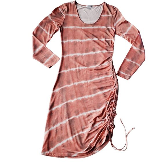 Soft Stretchy T-shirt Dress Ruched Side Midi BodyCon Peach Tie Dye Long Sleeve S - Picture 7 of 16